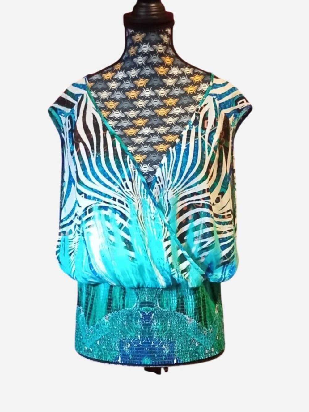 Blue and white abstract aquatic print Bebe top